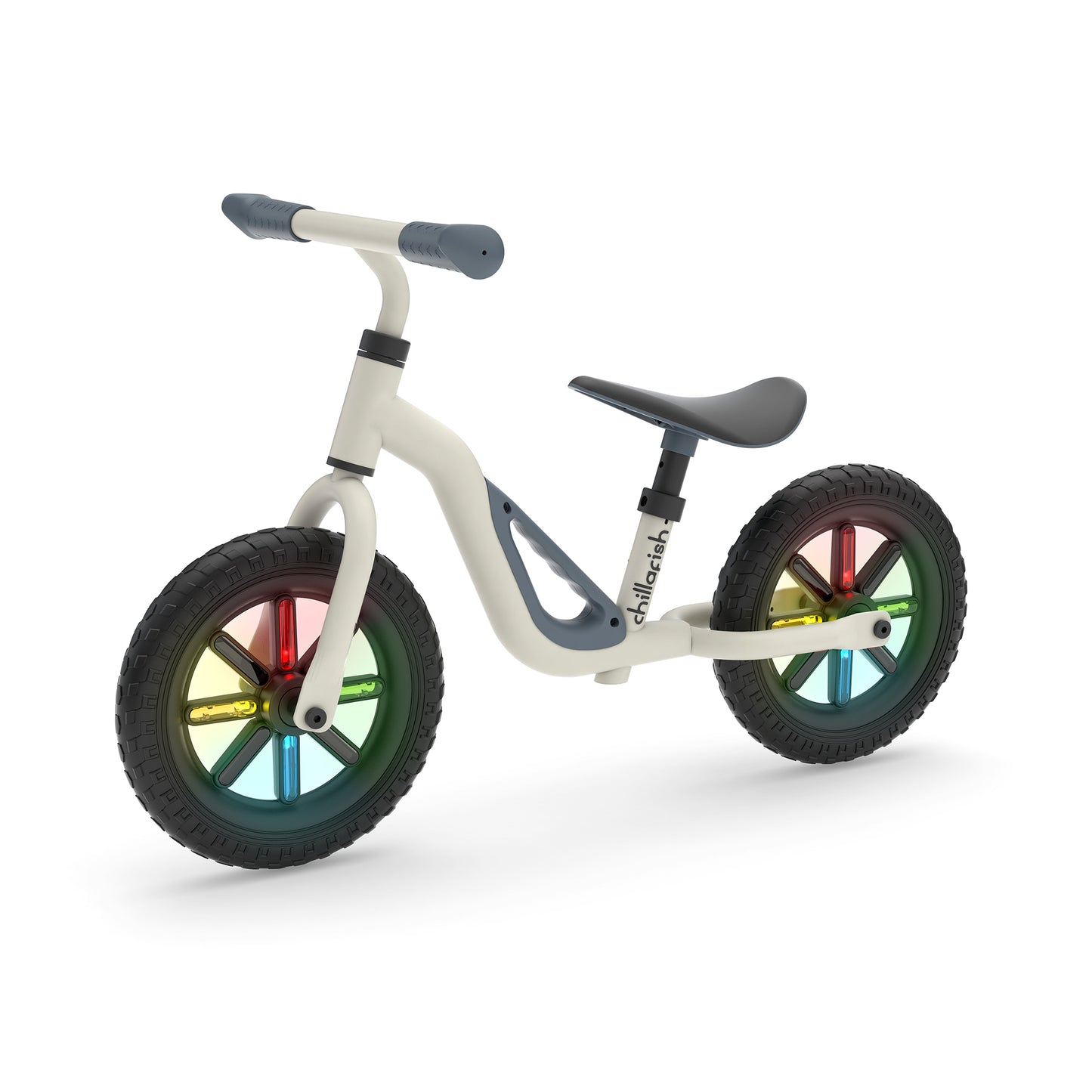 Children's balance bike with colorful wheels on a white background