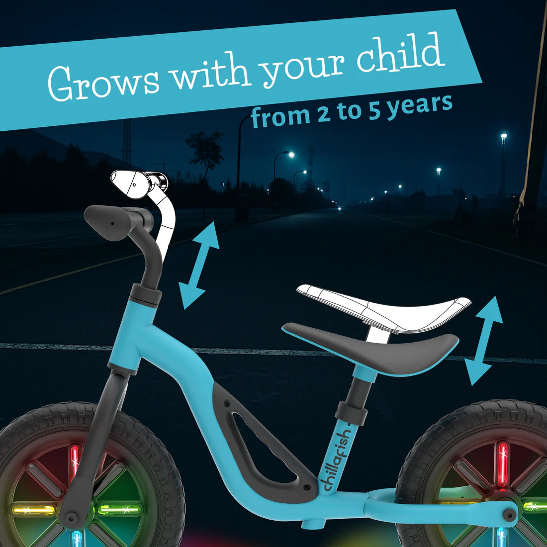 Children's balance bike with adjustable seat and handlebar on a dark road background