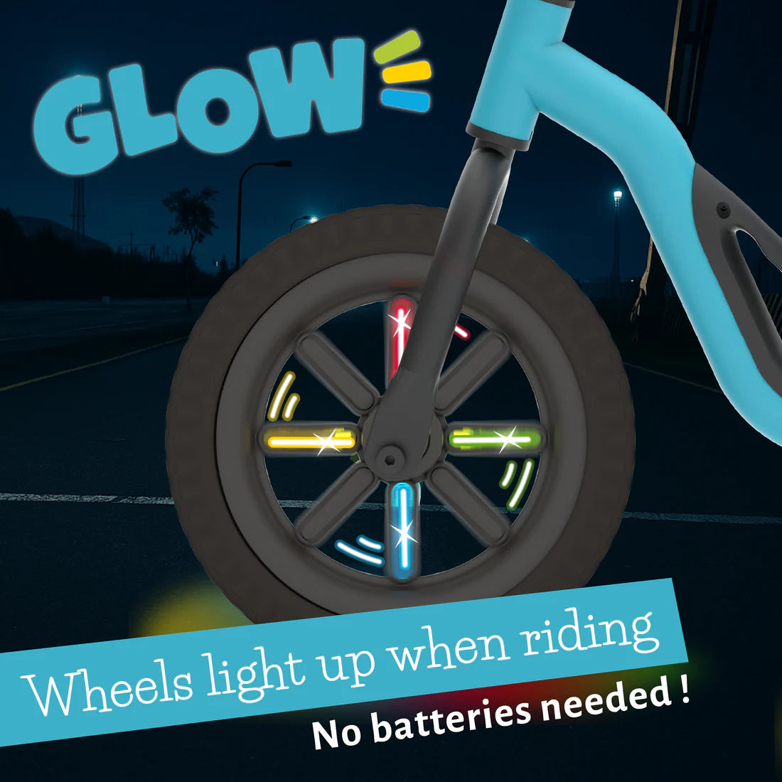 Children's balance bike with glowing wheels on a dark background, featuring the brand 'Glow'.