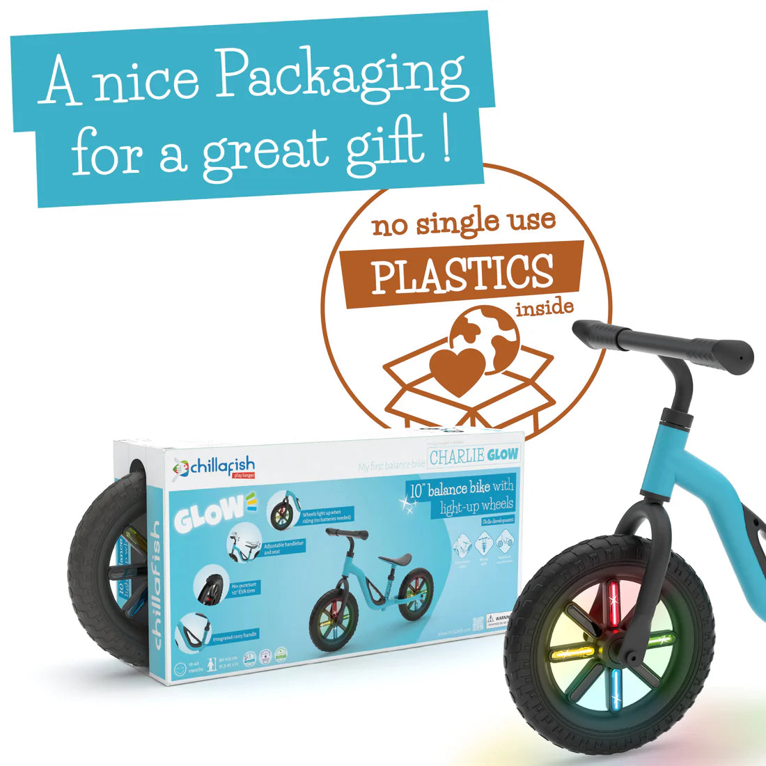 Children's balance bike with packaging and text about single-use plastics