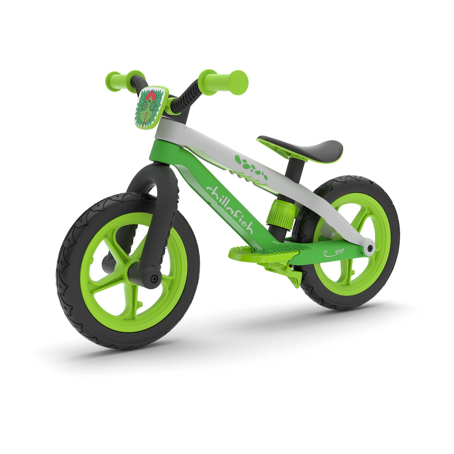 Green and black balance bike on a white background