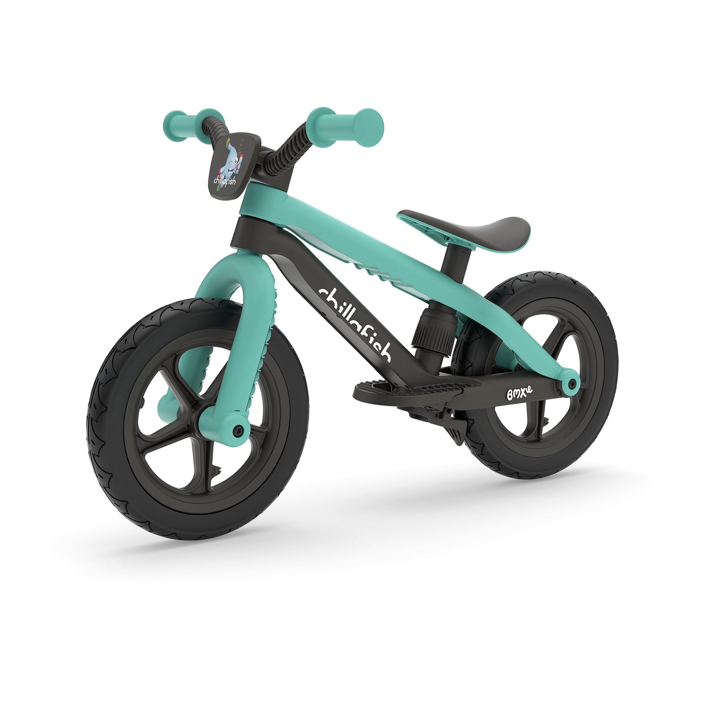 Turquoise and black balance bike on a white background