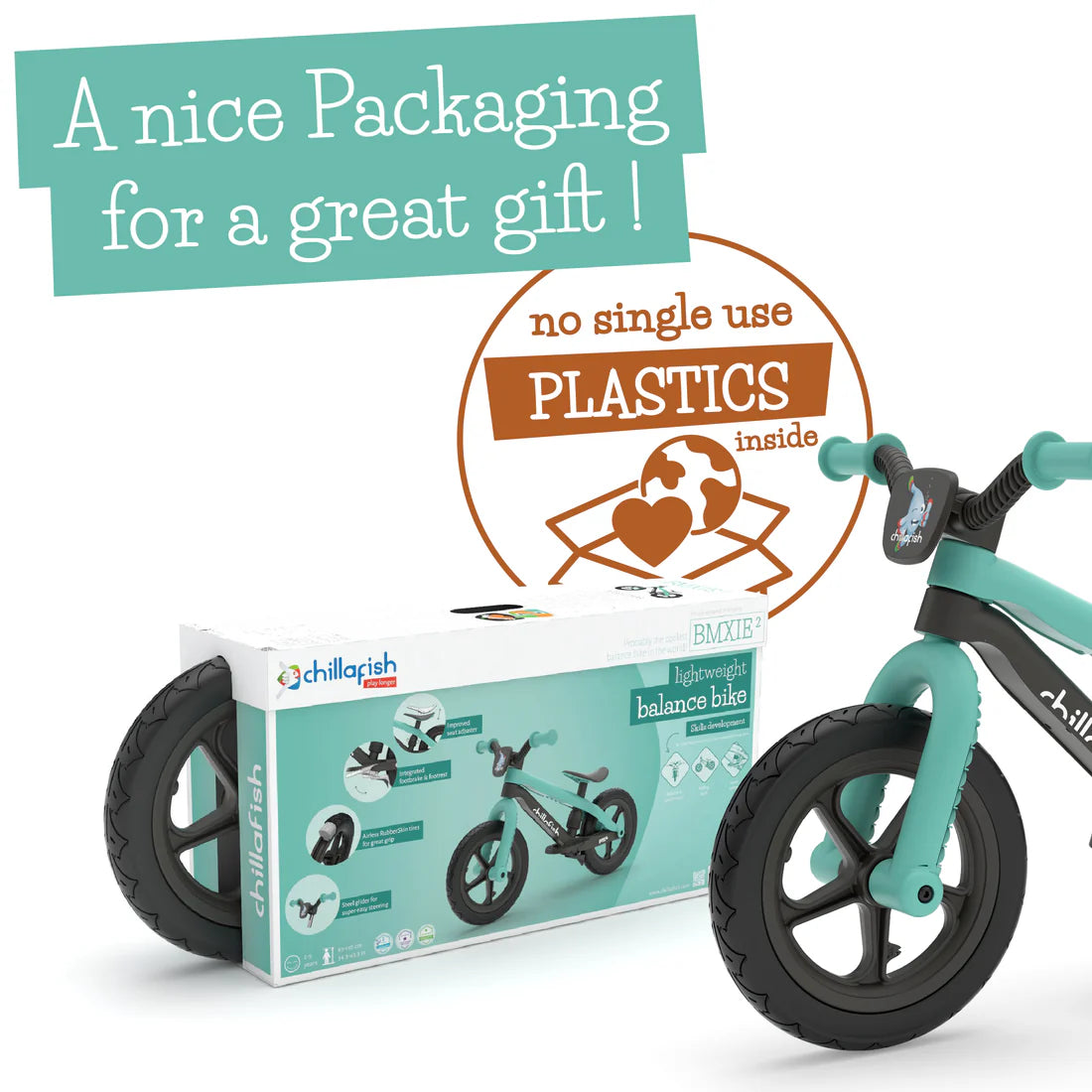 Children's balance bike with packaging and text about plastic-free design