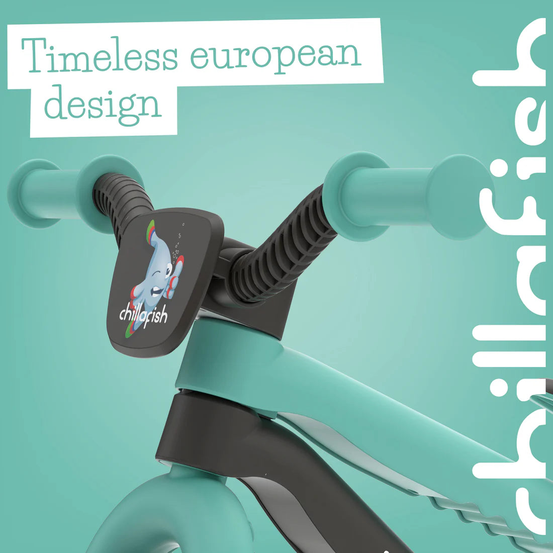 Teal scooter with black handlebar and 'chillafish' branding on a teal background.