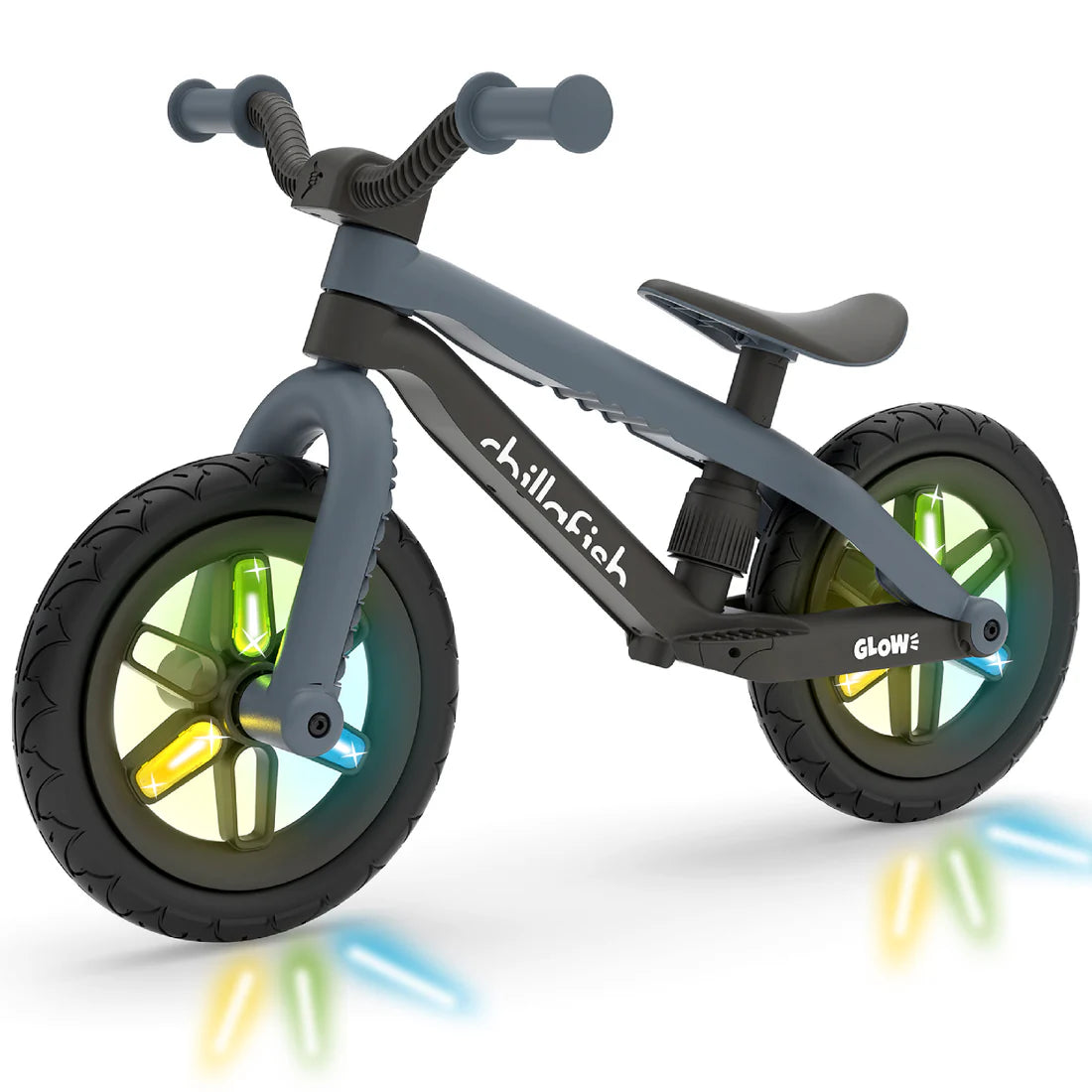 Children's balance bike with colorful wheels on a white background