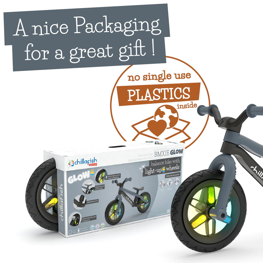 Children's balance bike with light-up wheels and packaging, emphasizing no single-use plastics.