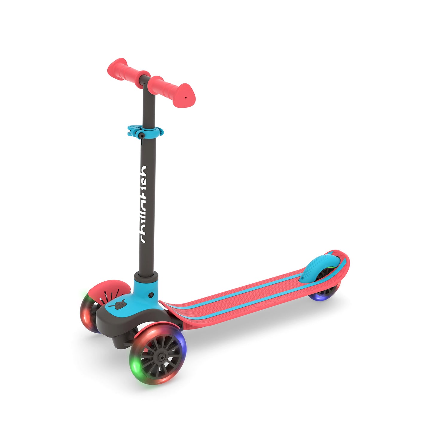 Colorful scooter with rainbow wheels on a white background