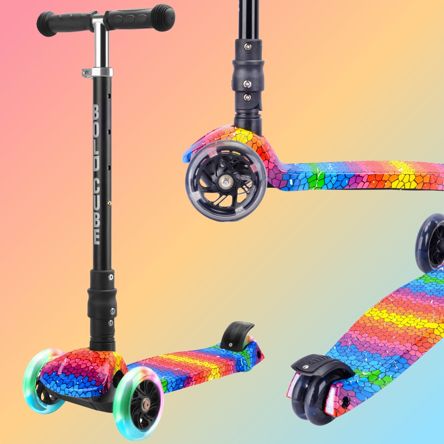 Colorful scooter with rainbow wheels on a gradient background