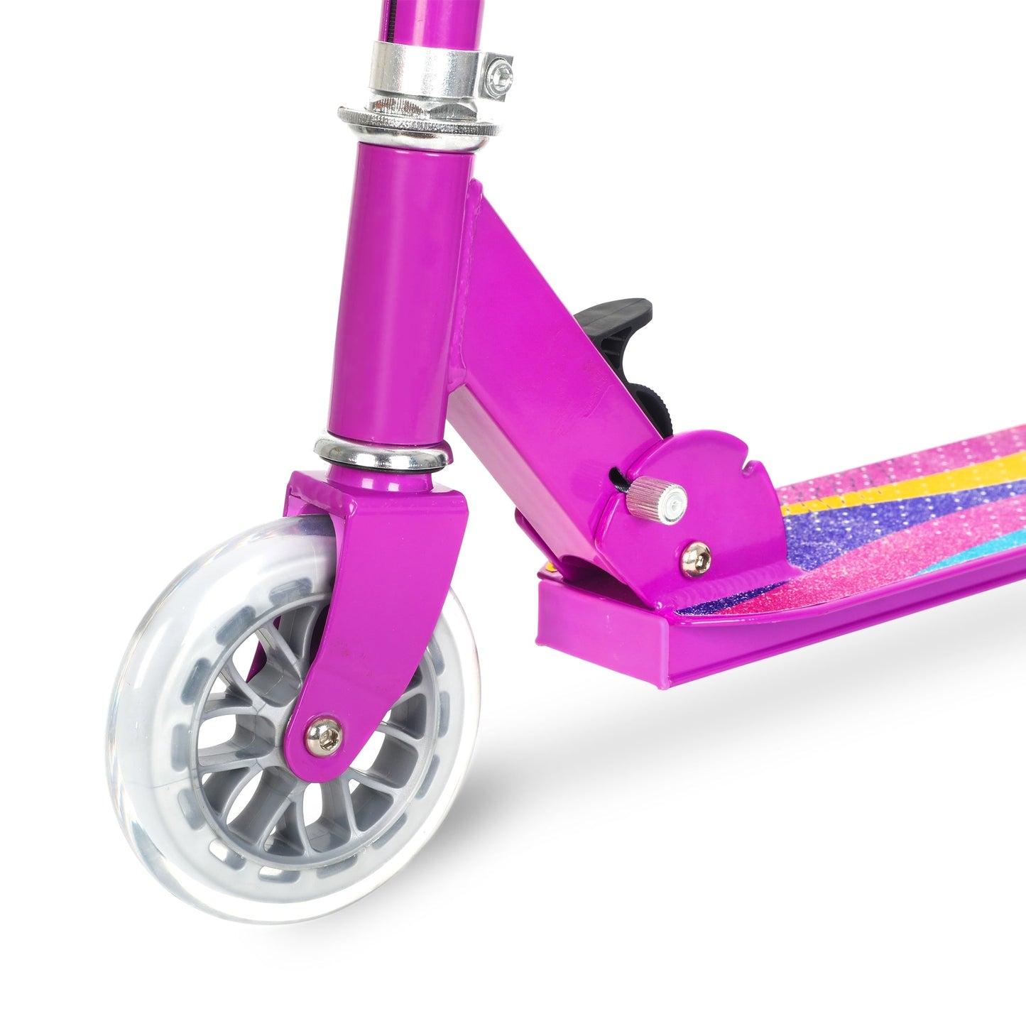Purple scooter with a colorful deck on a white background