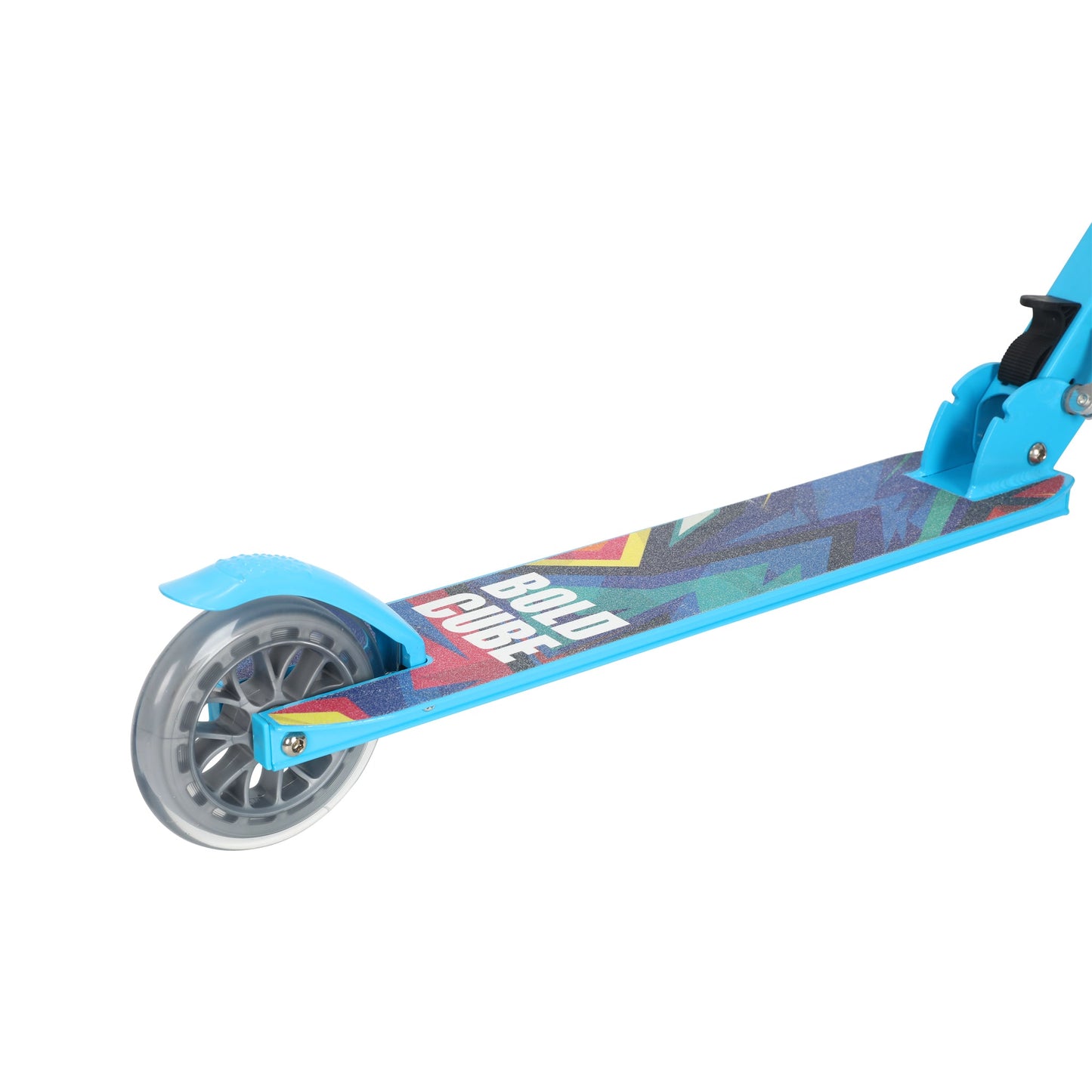 Children's scooter with colorful deck and blue frame on a white background