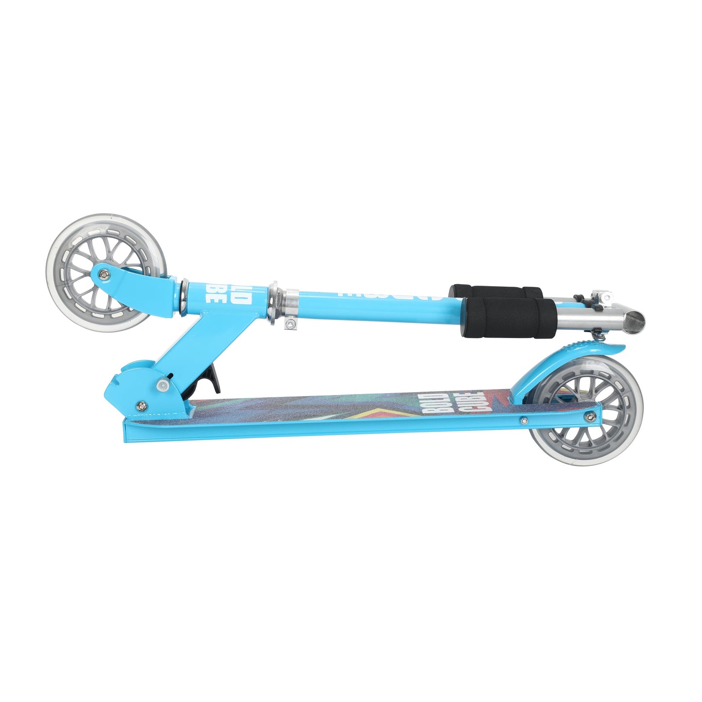 Blue scooter with large front wheel on a white background
