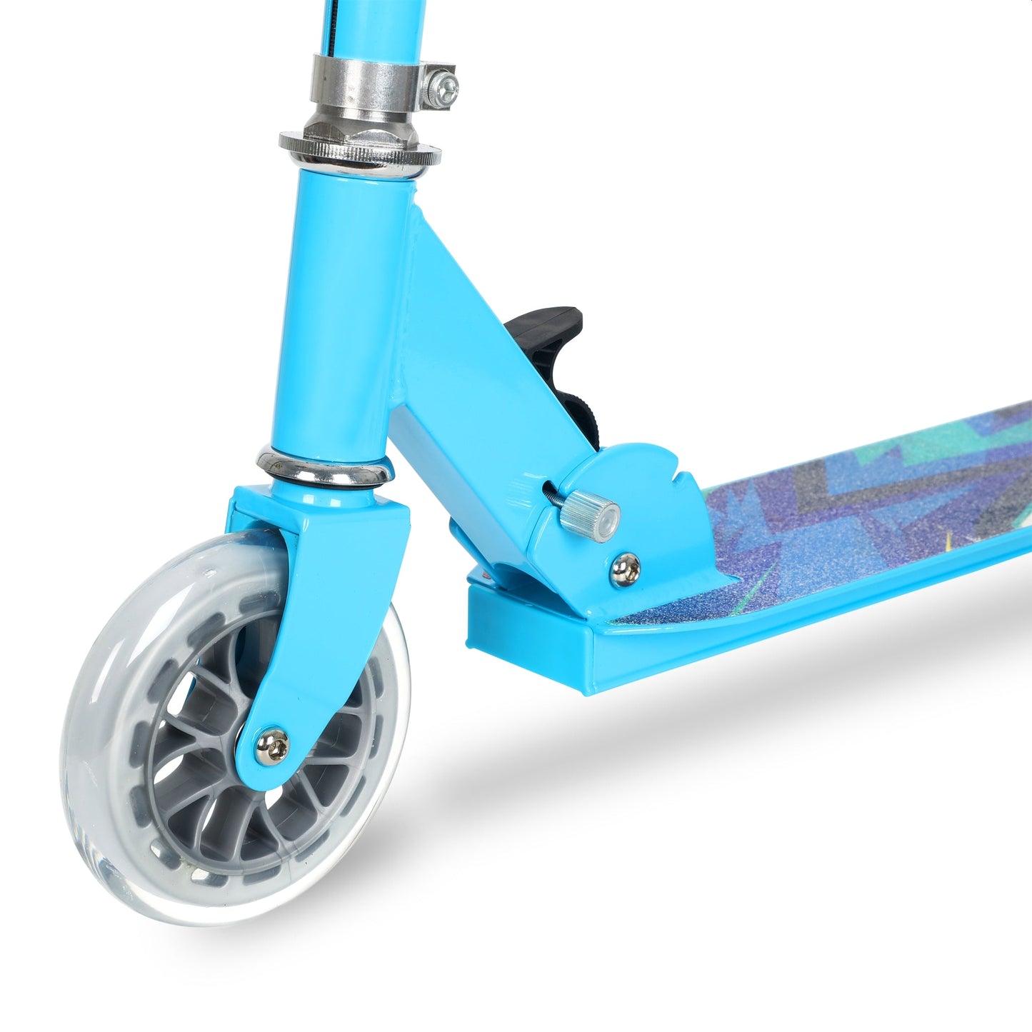 Close-up of a blue scooter with a transparent wheel on a white background