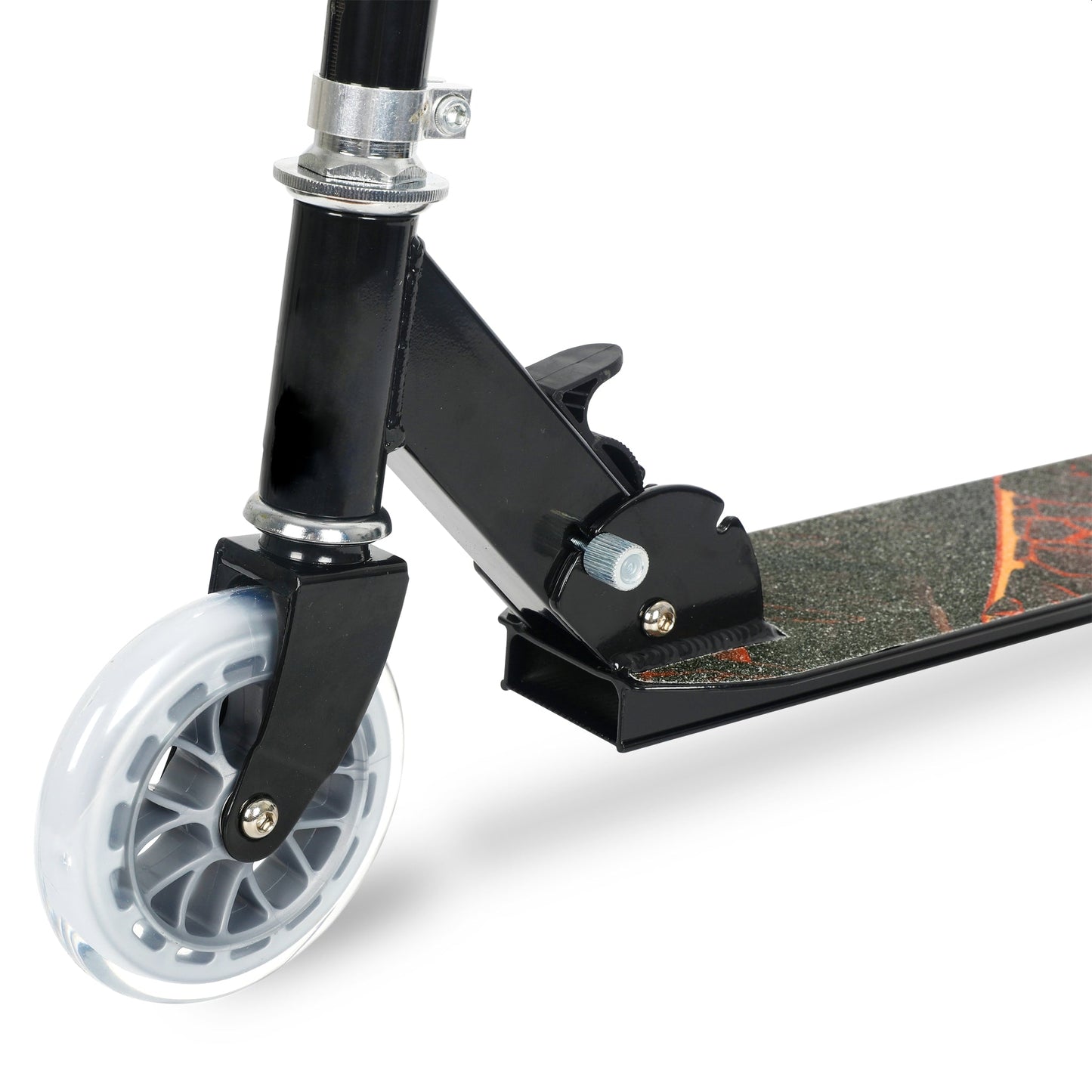 Close-up of a scooter with a black deck and white wheel on a white background