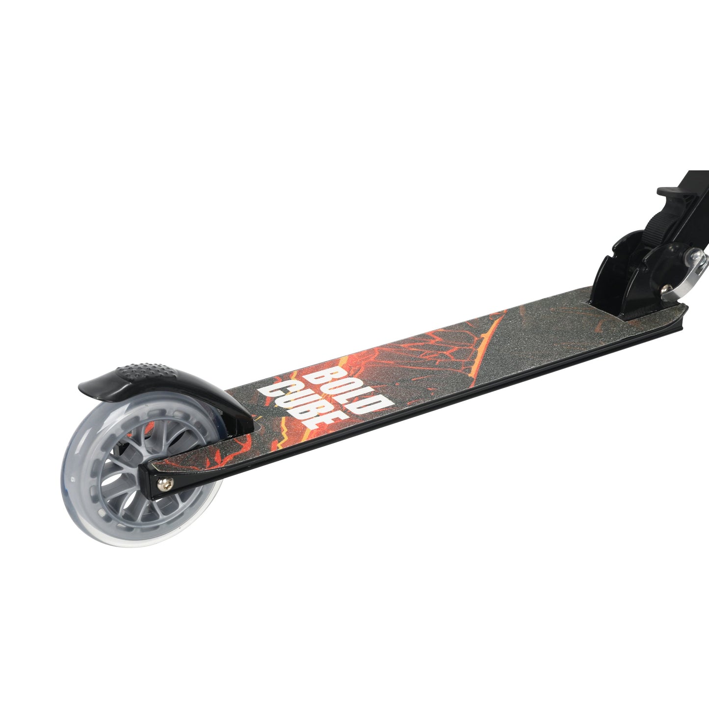 Black scooter with red and orange design on a white background