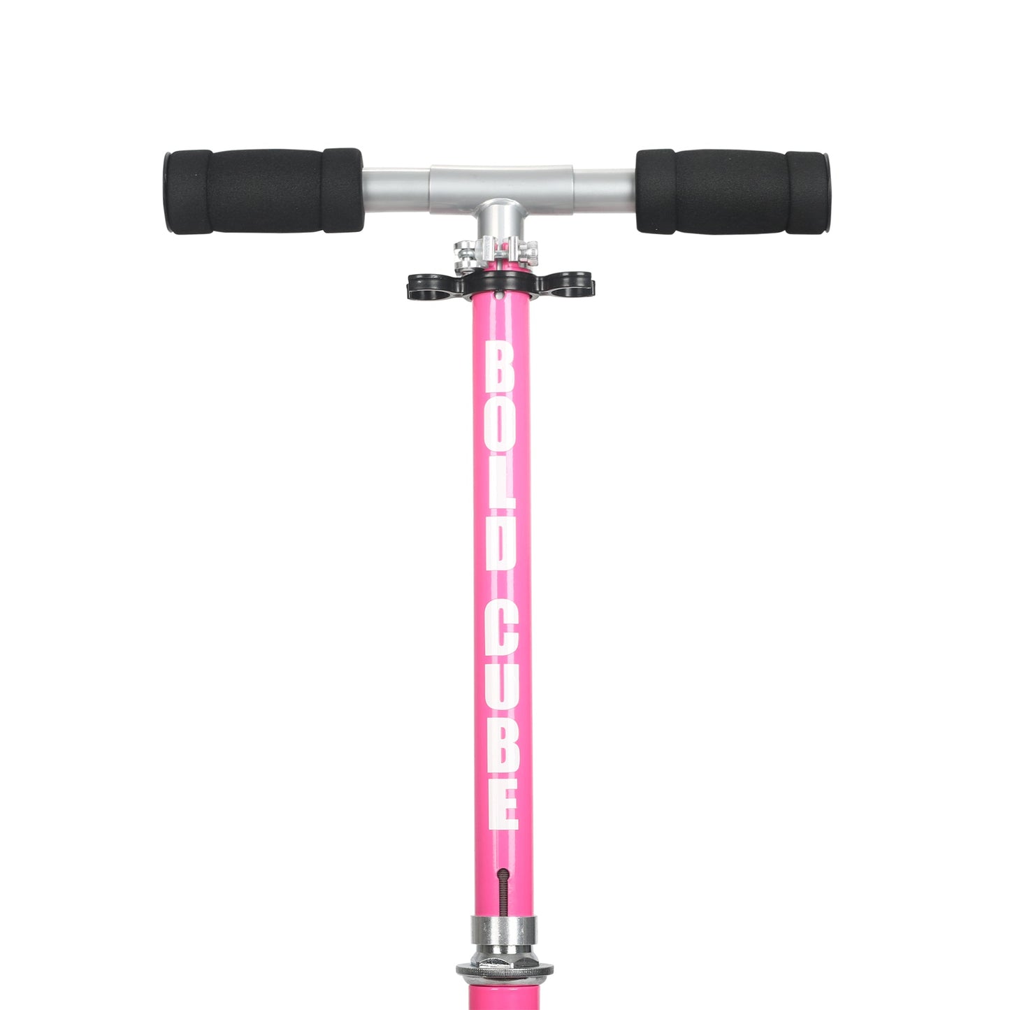 Pink scooter with black handles on a white background