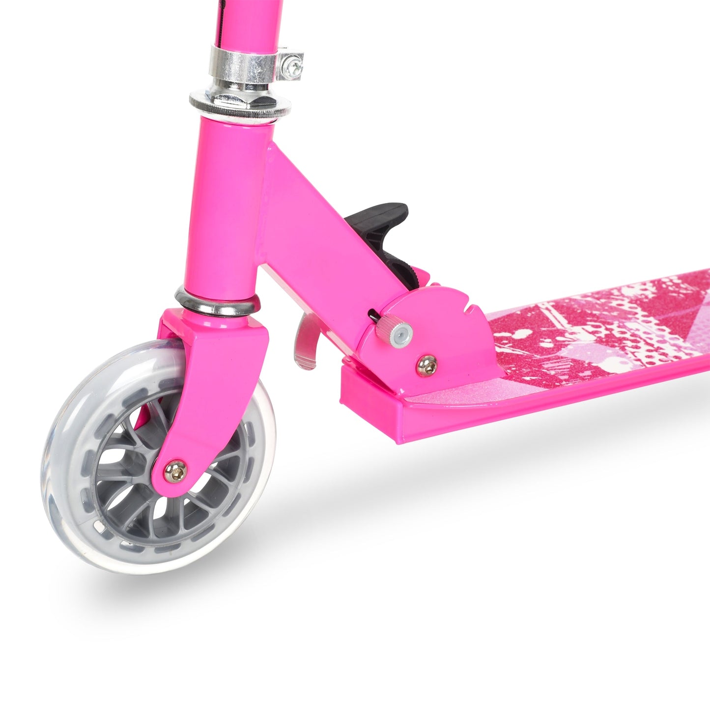 Close-up of a pink scooter with a white background