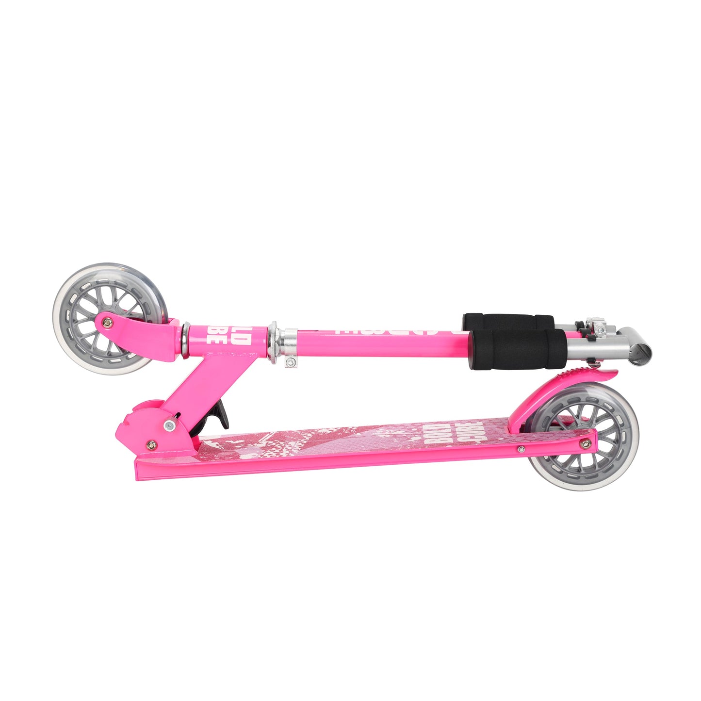 Pink scooter with large wheels on a white background