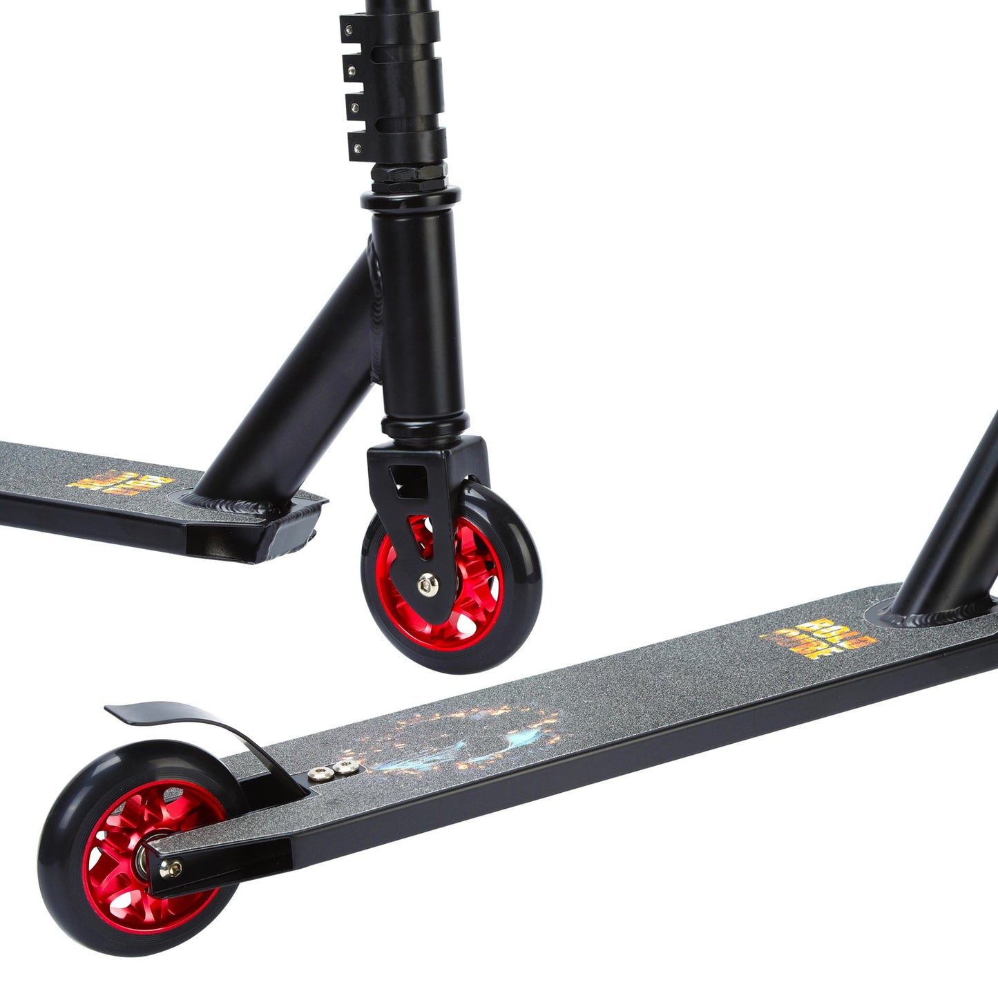 Black scooter with red wheels on a white background