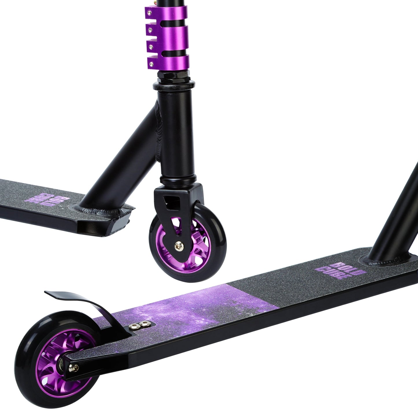Black scooter with purple wheels and accents on a white background