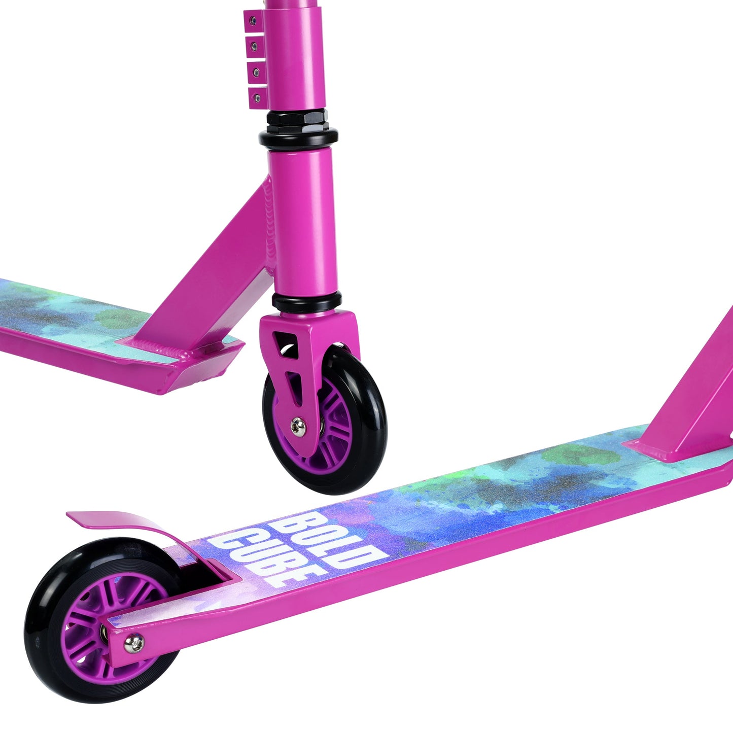 Pink scooter with colorful deck on a white background