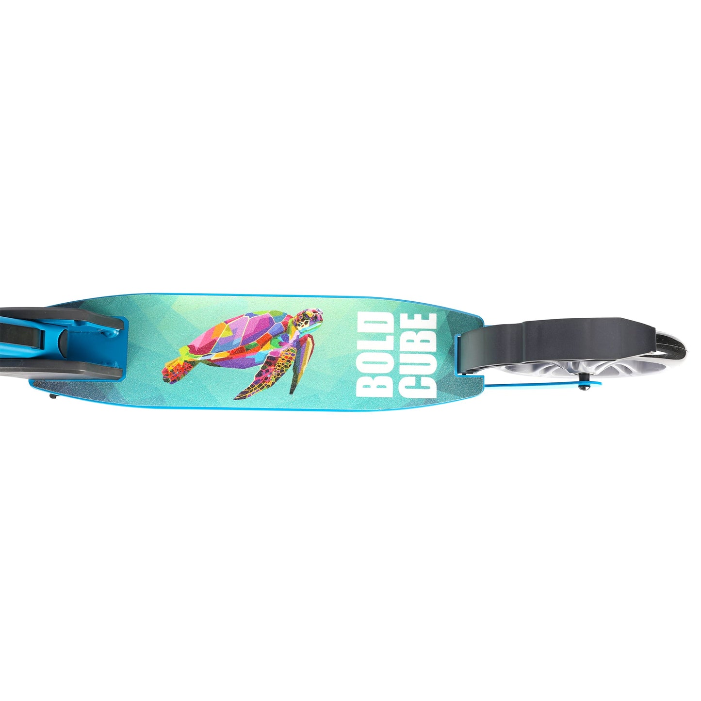 Children's scooter with a colorful turtle design and 'Bolt Cube' branding on a white background