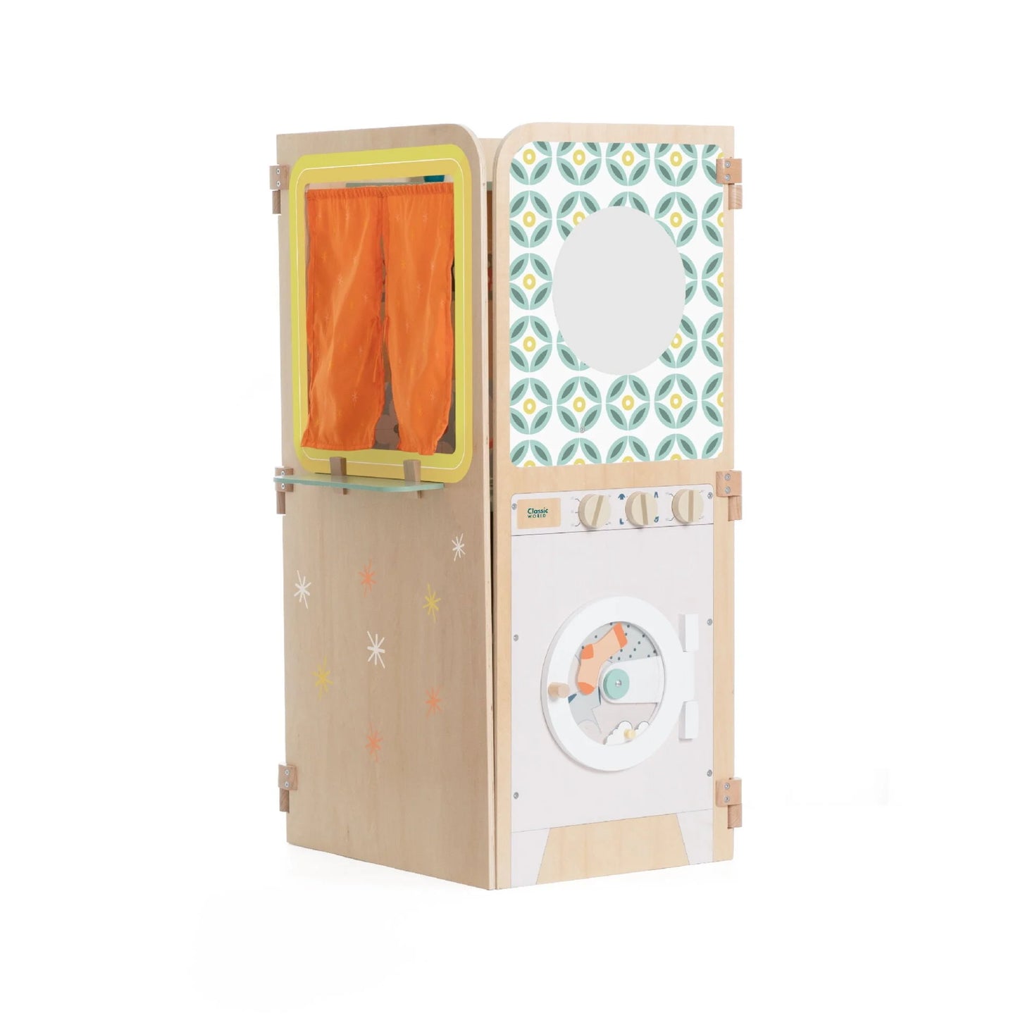 Children's playhouse with a washing machine and dryer design on a white background