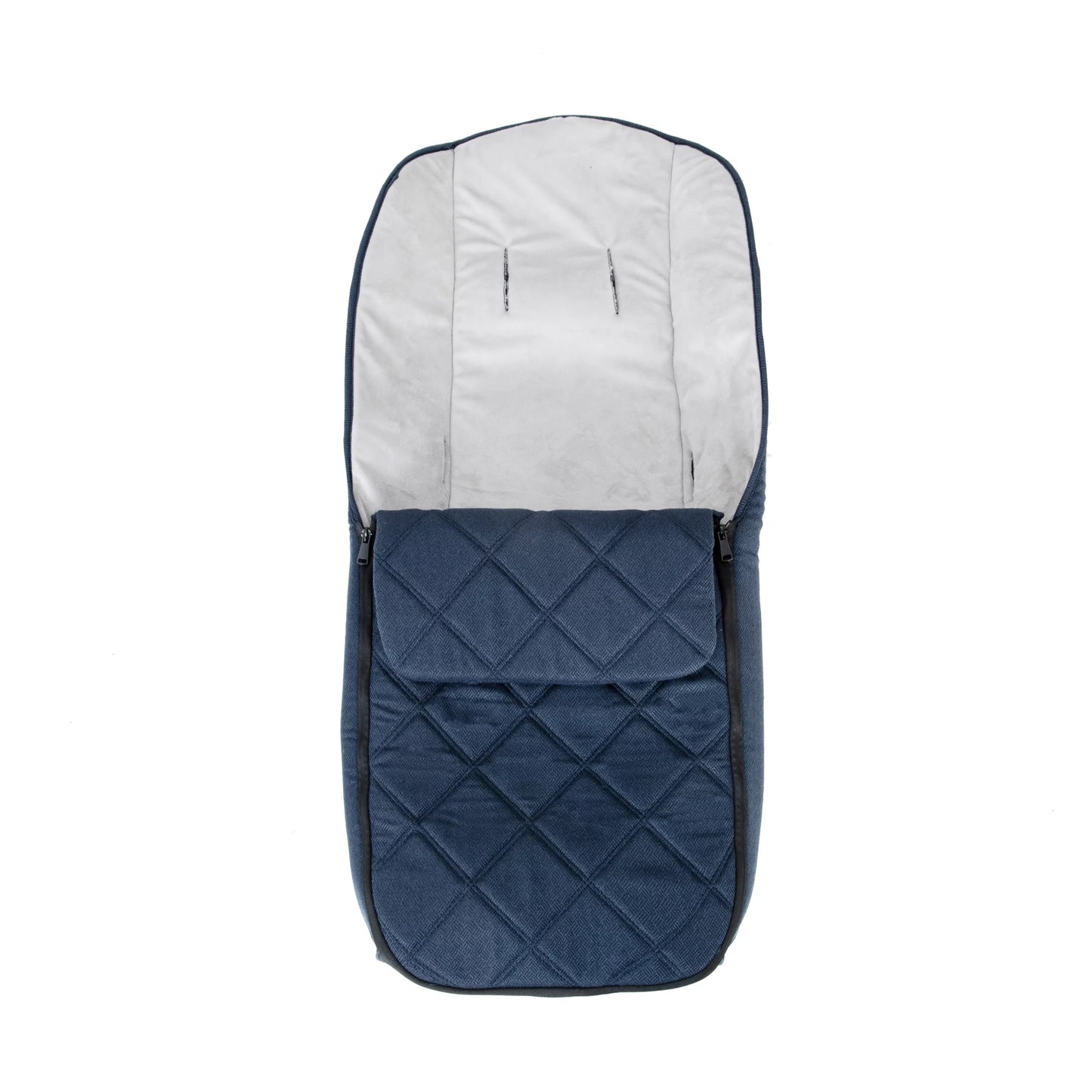 Blue and gray quilted footmuff on a white background