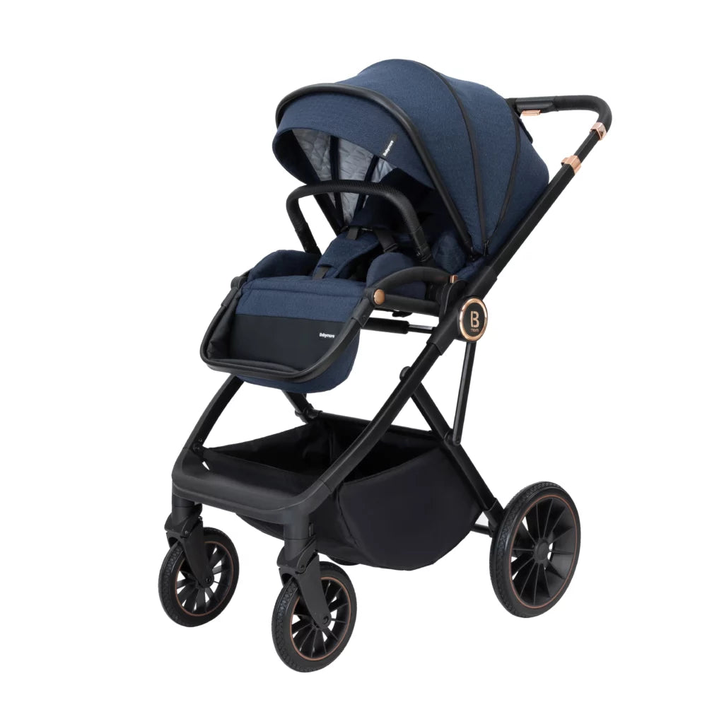 Navy blue stroller with black frame on a white background