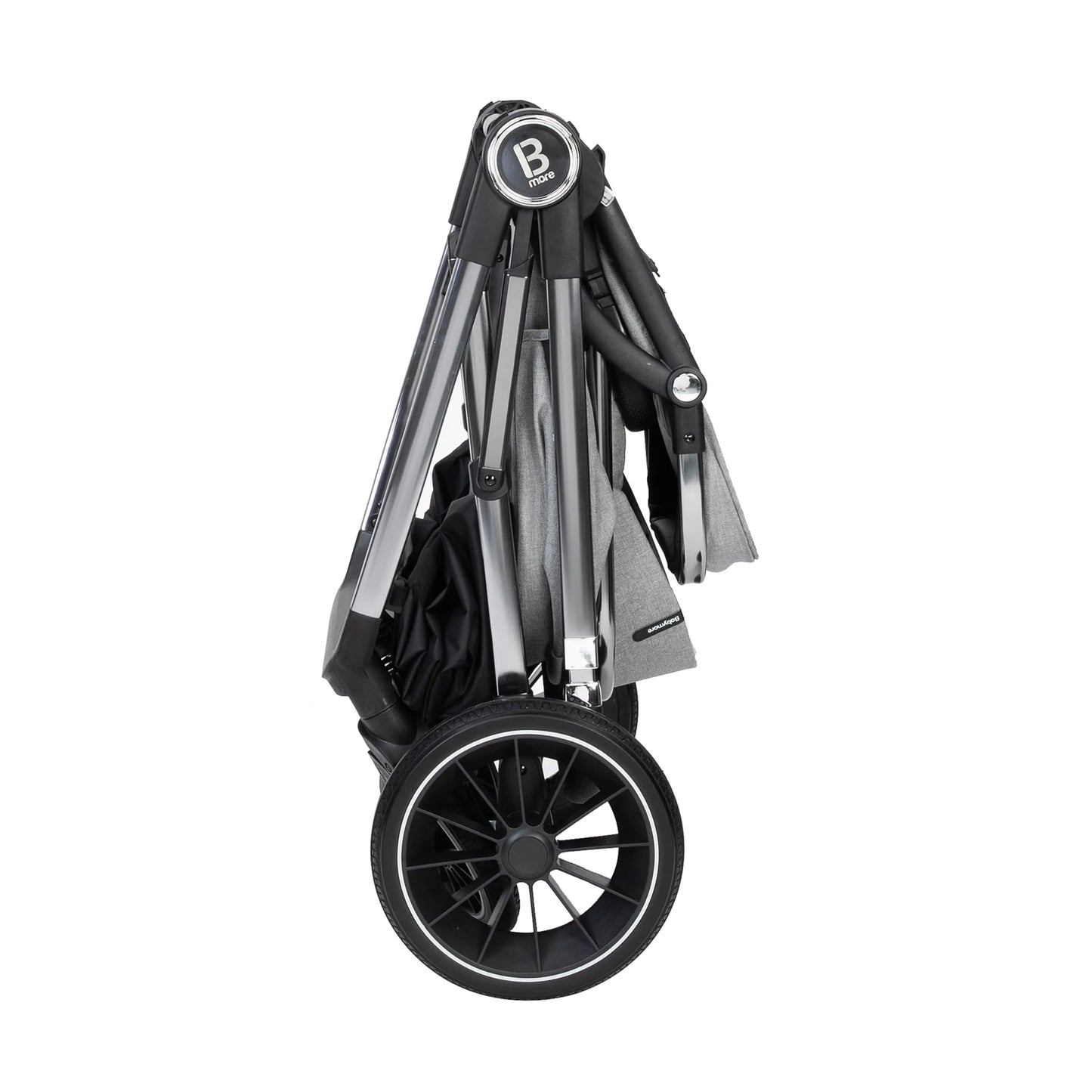 Folded baby stroller with brand logo on a white background