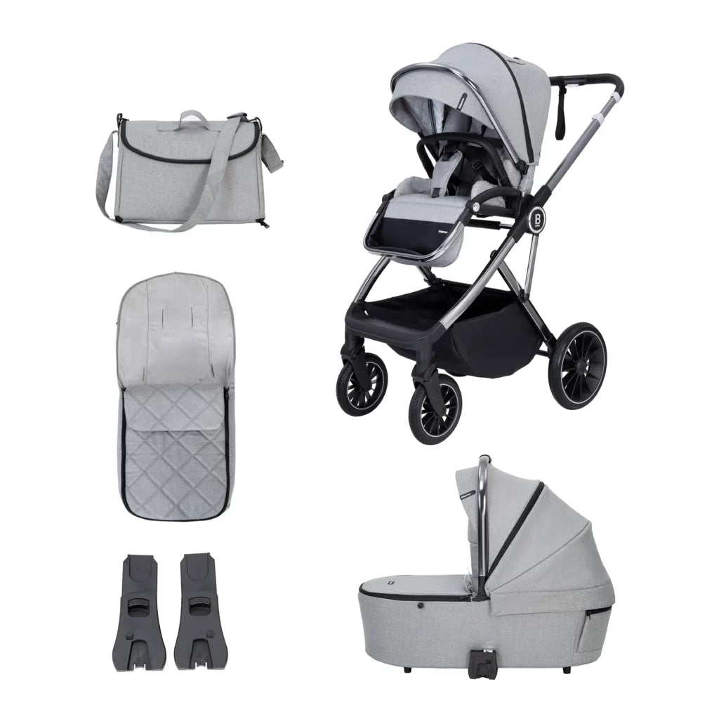 Collection of baby stroller and accessories on a white background