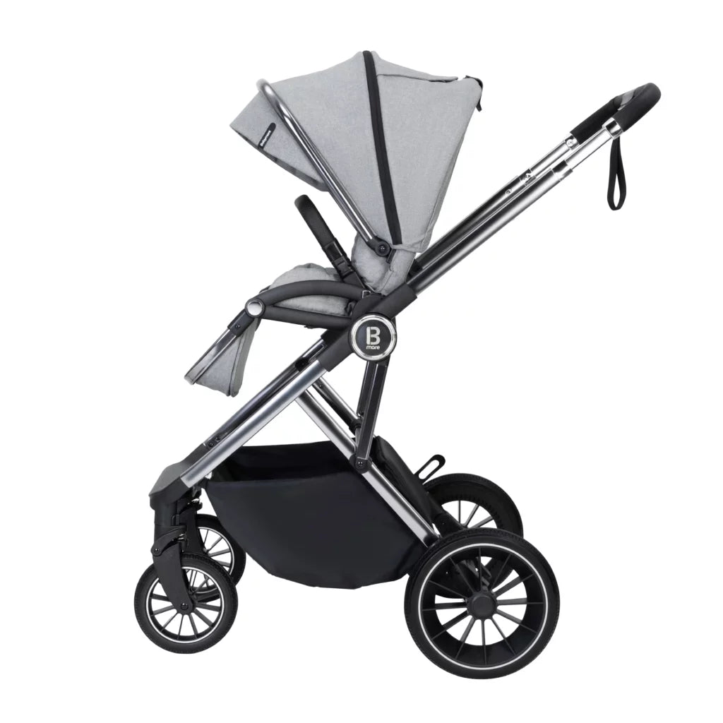 Black and gray stroller on a white background