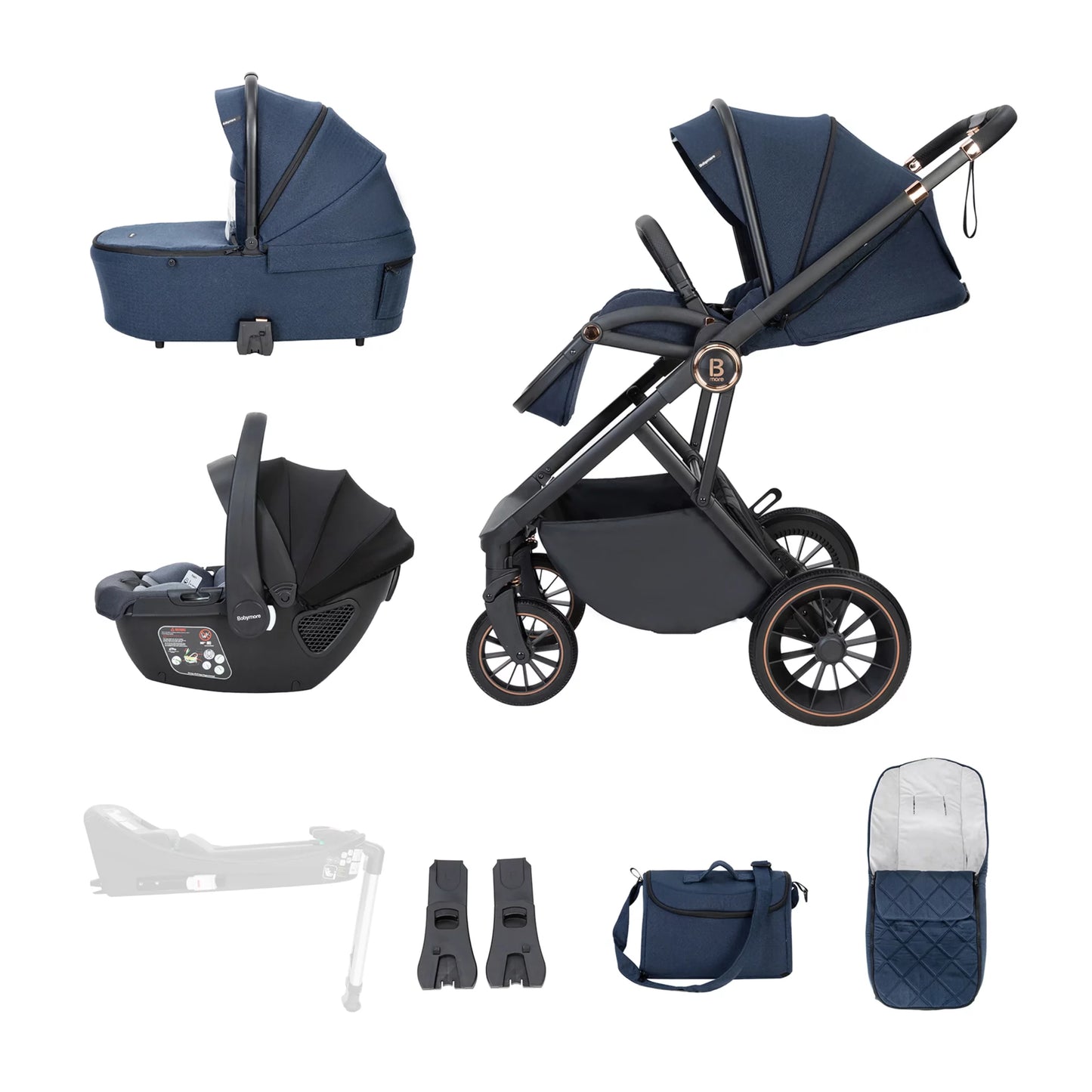 Navy blue stroller set with accessories on a white background