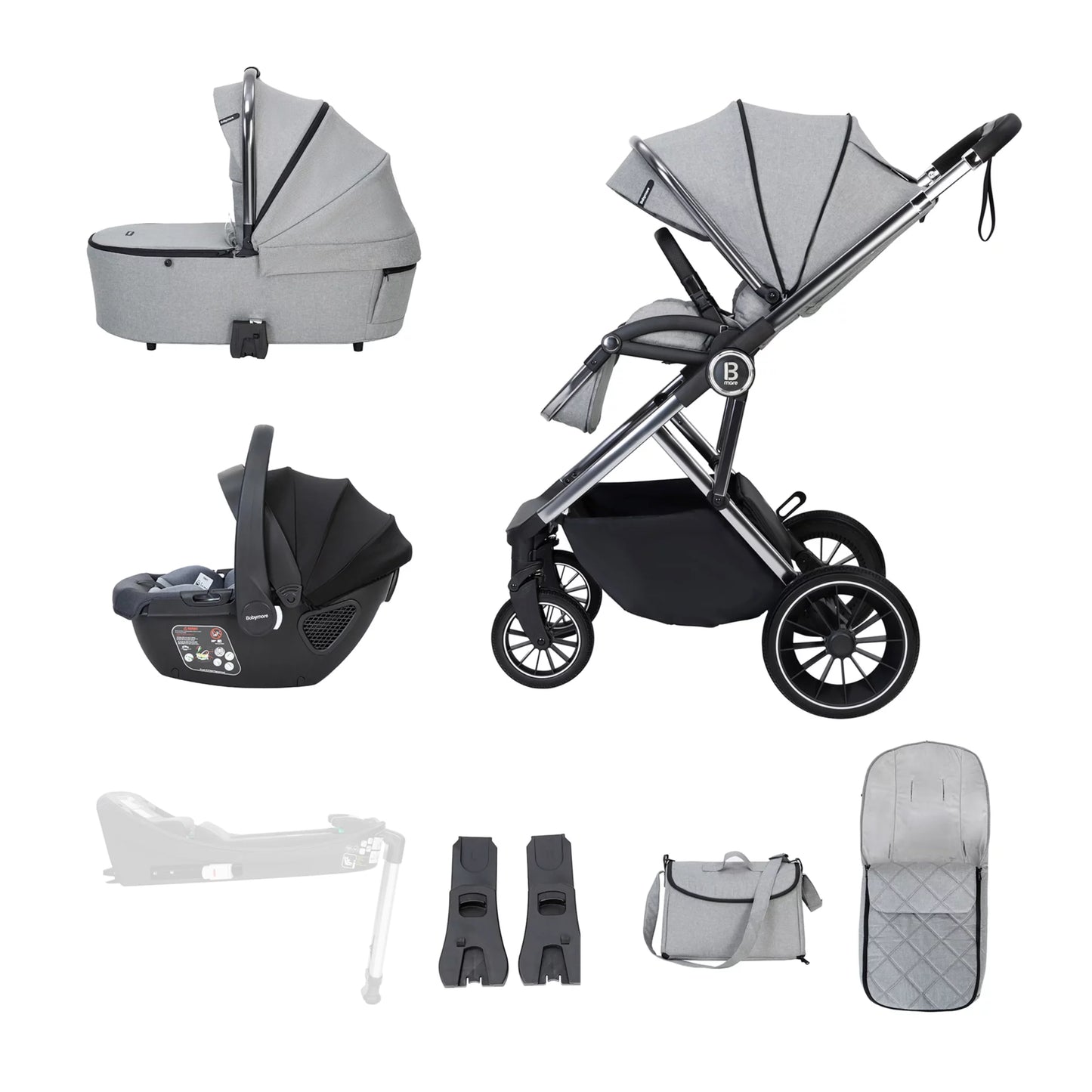 Collection of baby stroller and related accessories on a white background