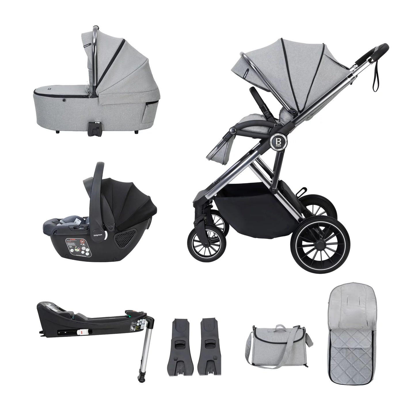 Collection of baby stroller and car seat components on a white background