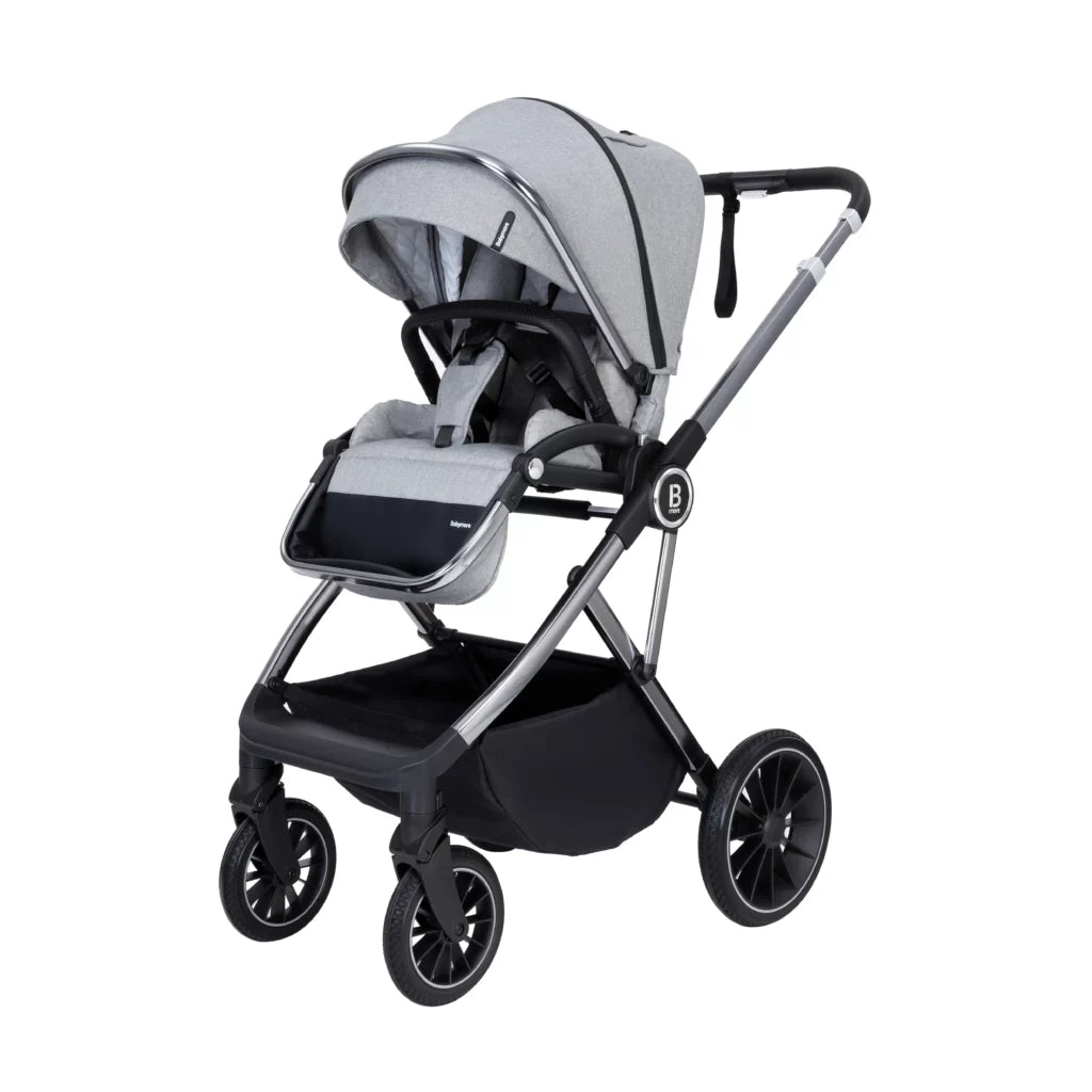 Gray and black stroller on a white background