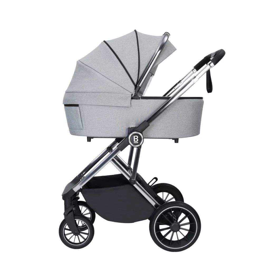 Gray baby stroller with a black base on a white background