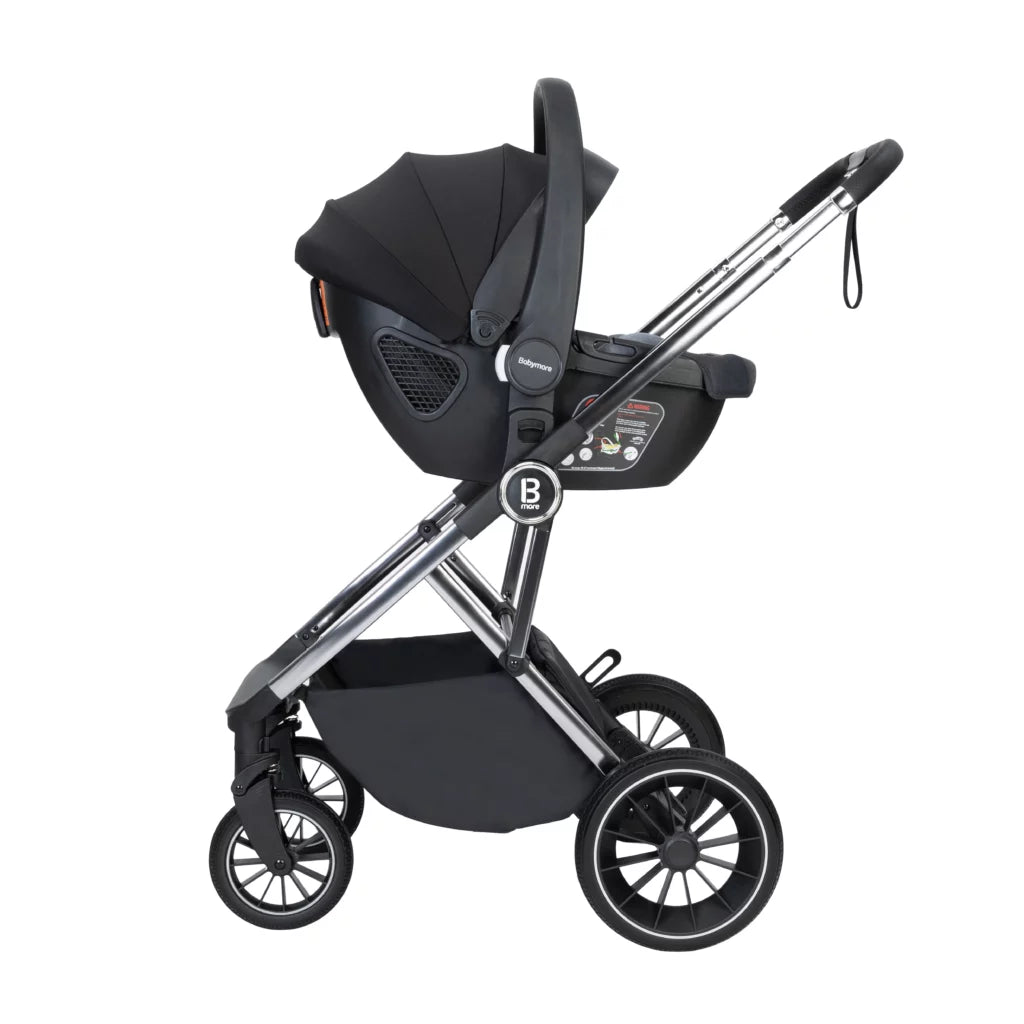 Black stroller and car seat combo on a white background