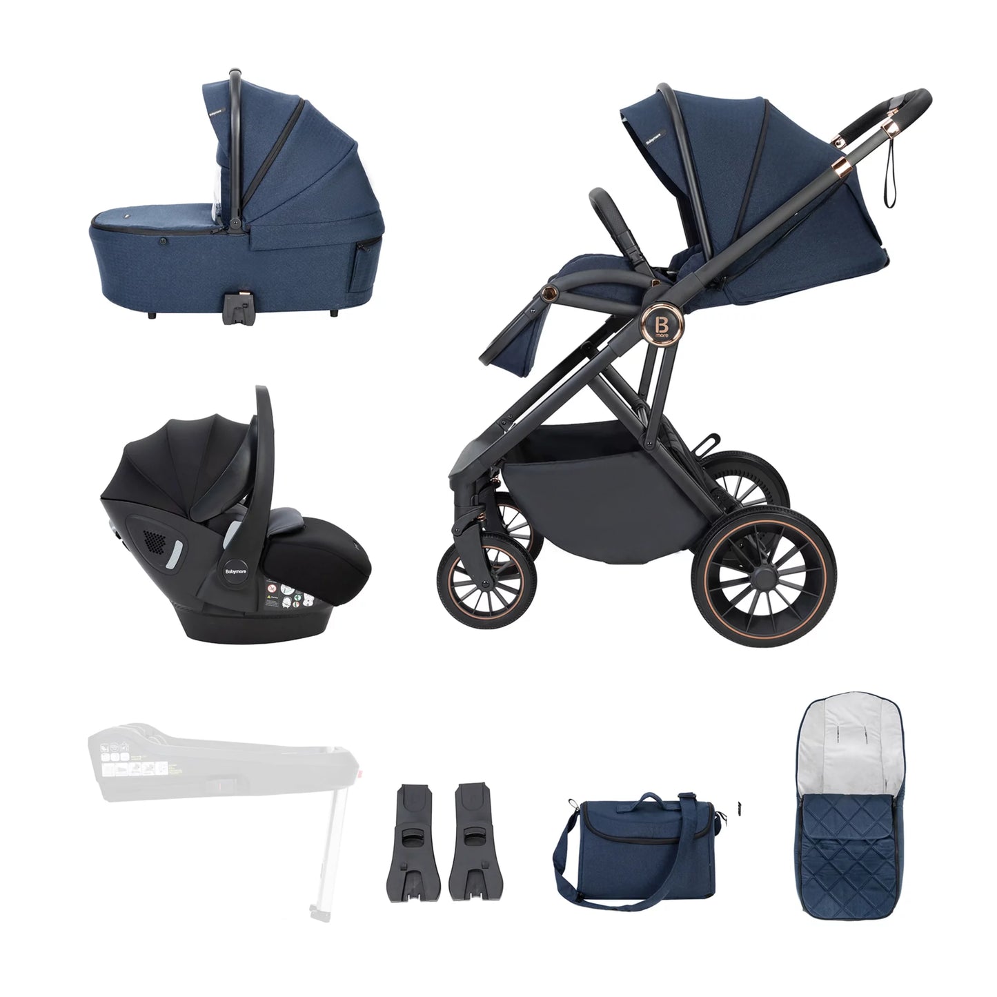 Collection of baby stroller and related items on a white background