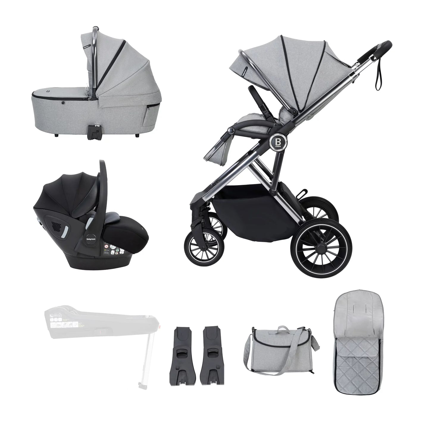 Collection of baby stroller and related accessories on a white background