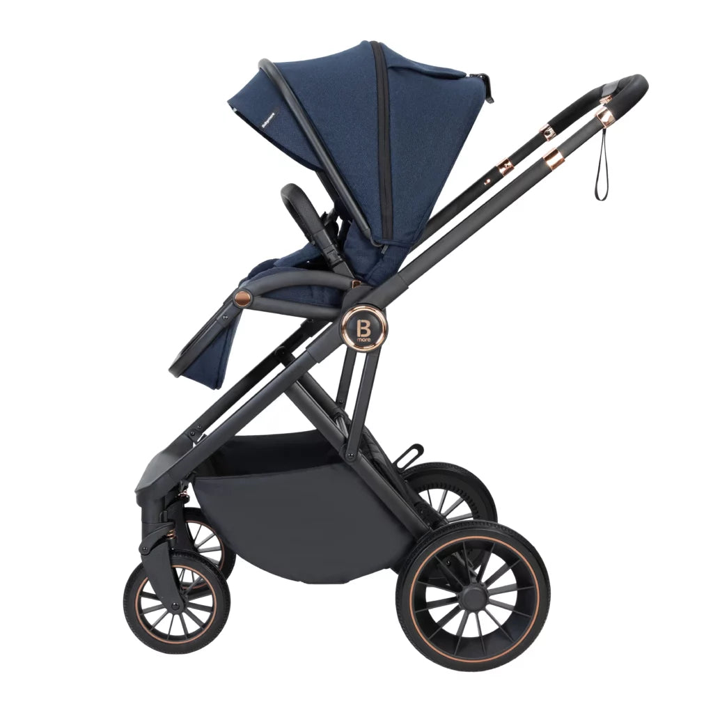 Navy blue and black baby stroller on a white background