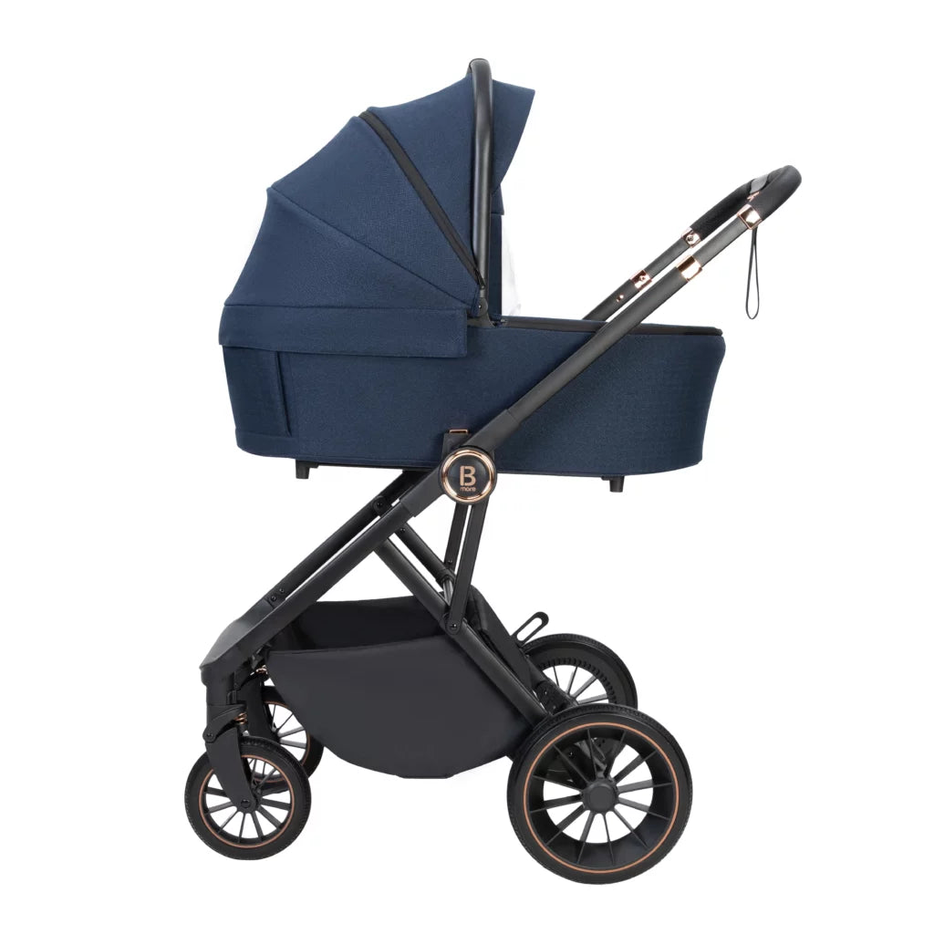Navy blue baby stroller with black frame on a white background