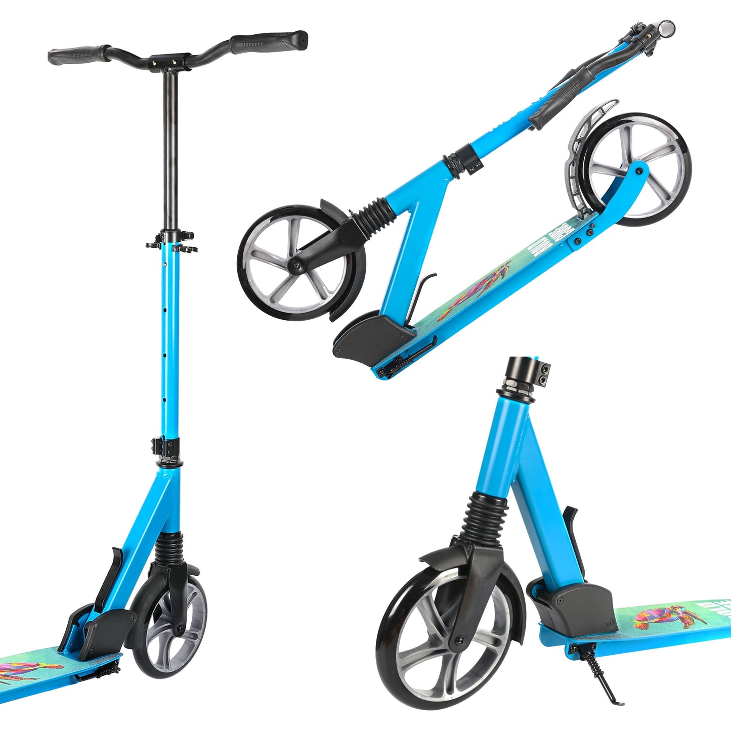 Blue scooter with large wheels on a white background