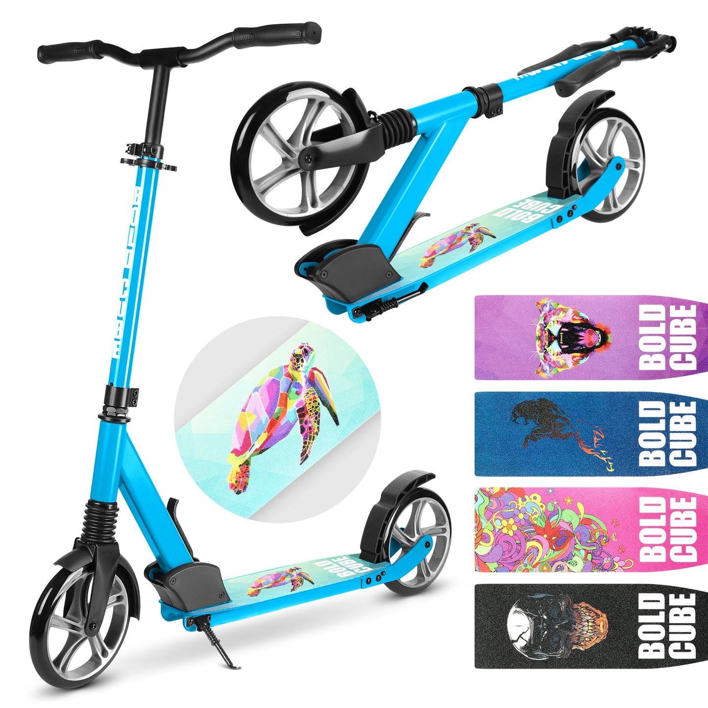Blue scooter with colorful graphics and accessories on a white background