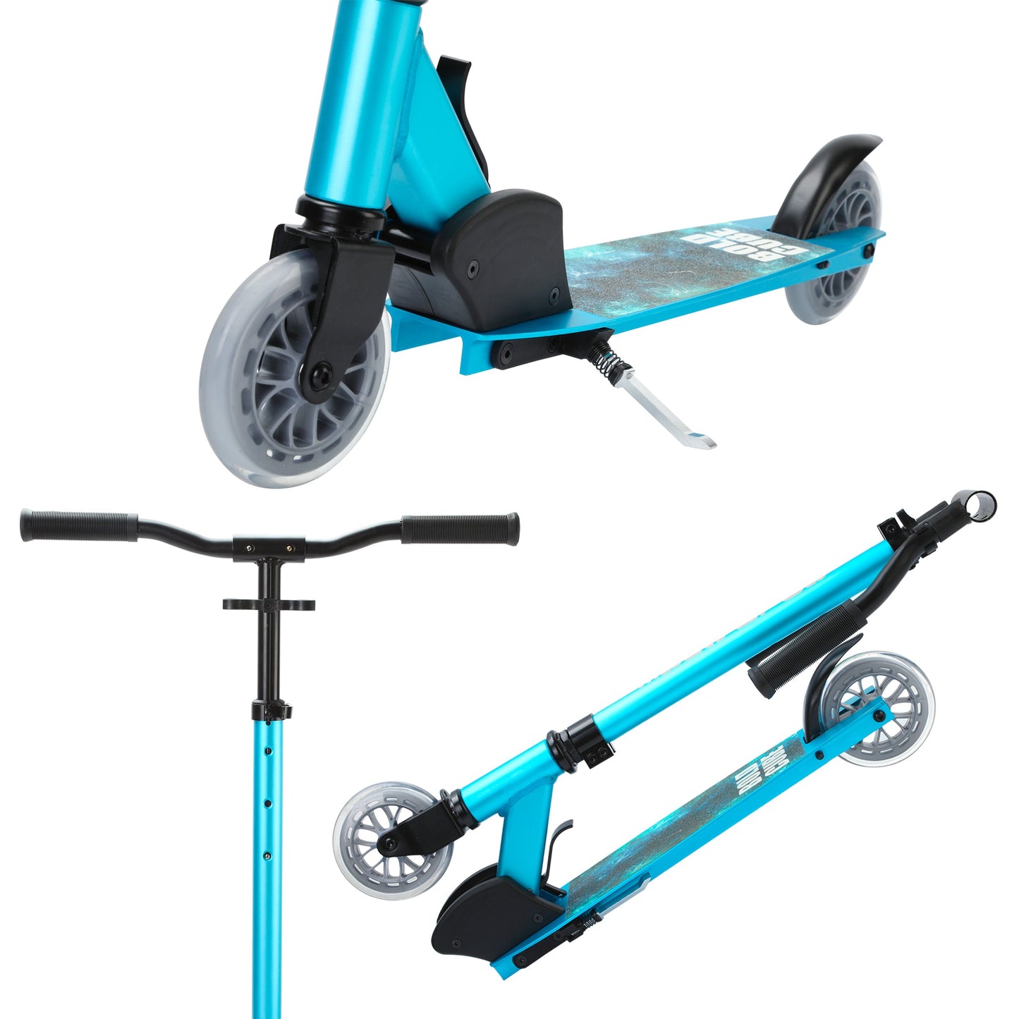 Blue scooter with black handlebars on a white background