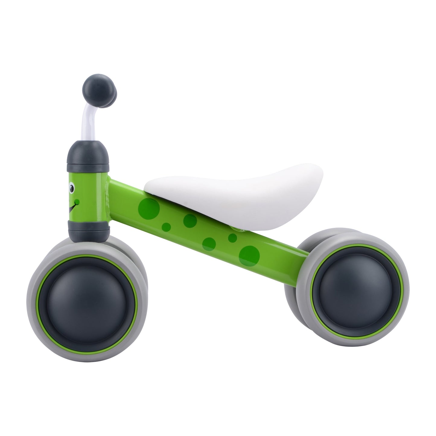 Green and gray balance bike with a white seat on a white background