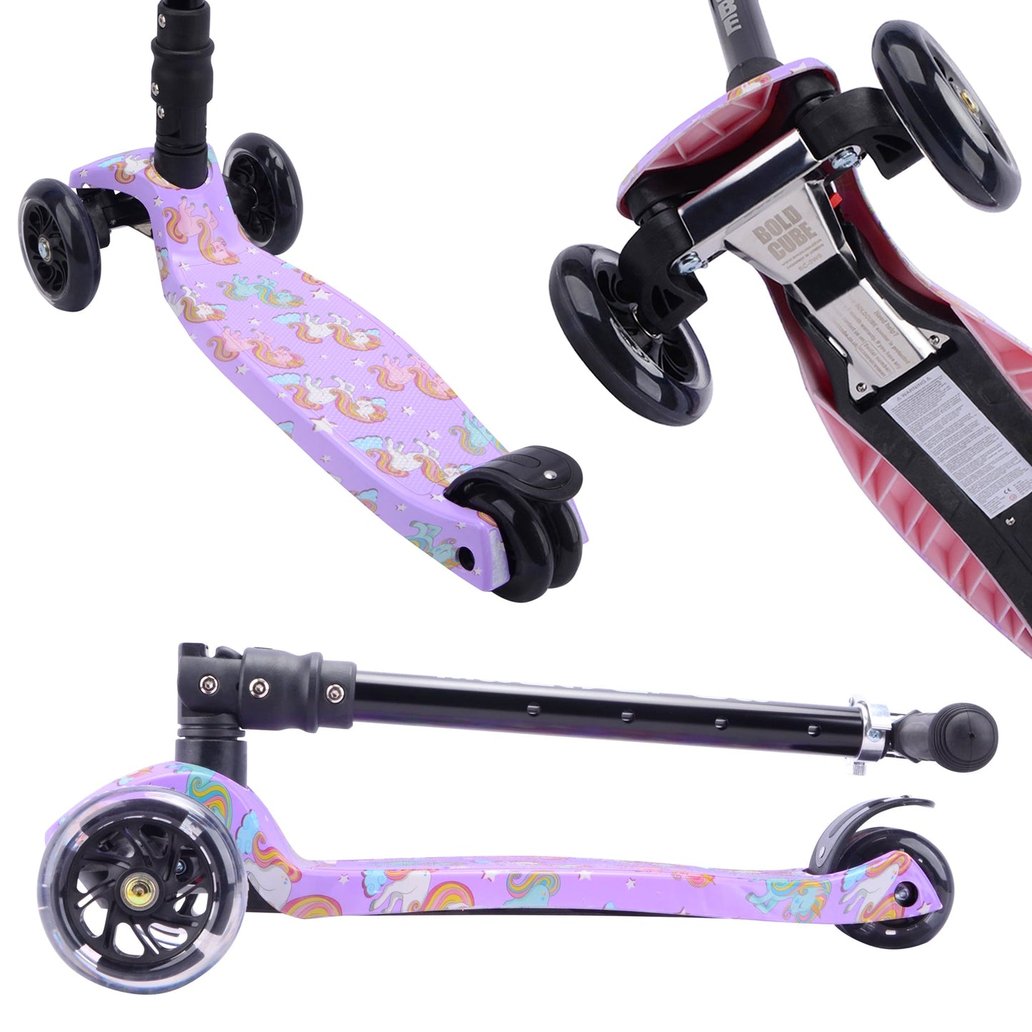Collage of a scooter with a purple handlebar featuring cartoon characters on a white background.