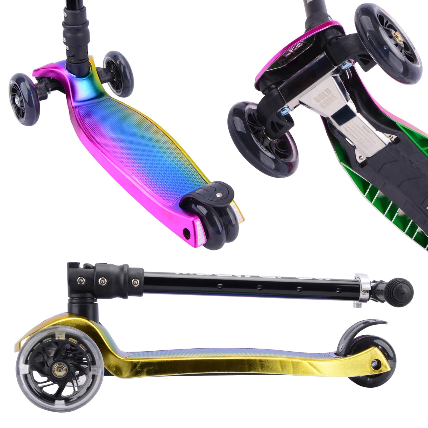 Three colorful scooters with gradient designs on a white background