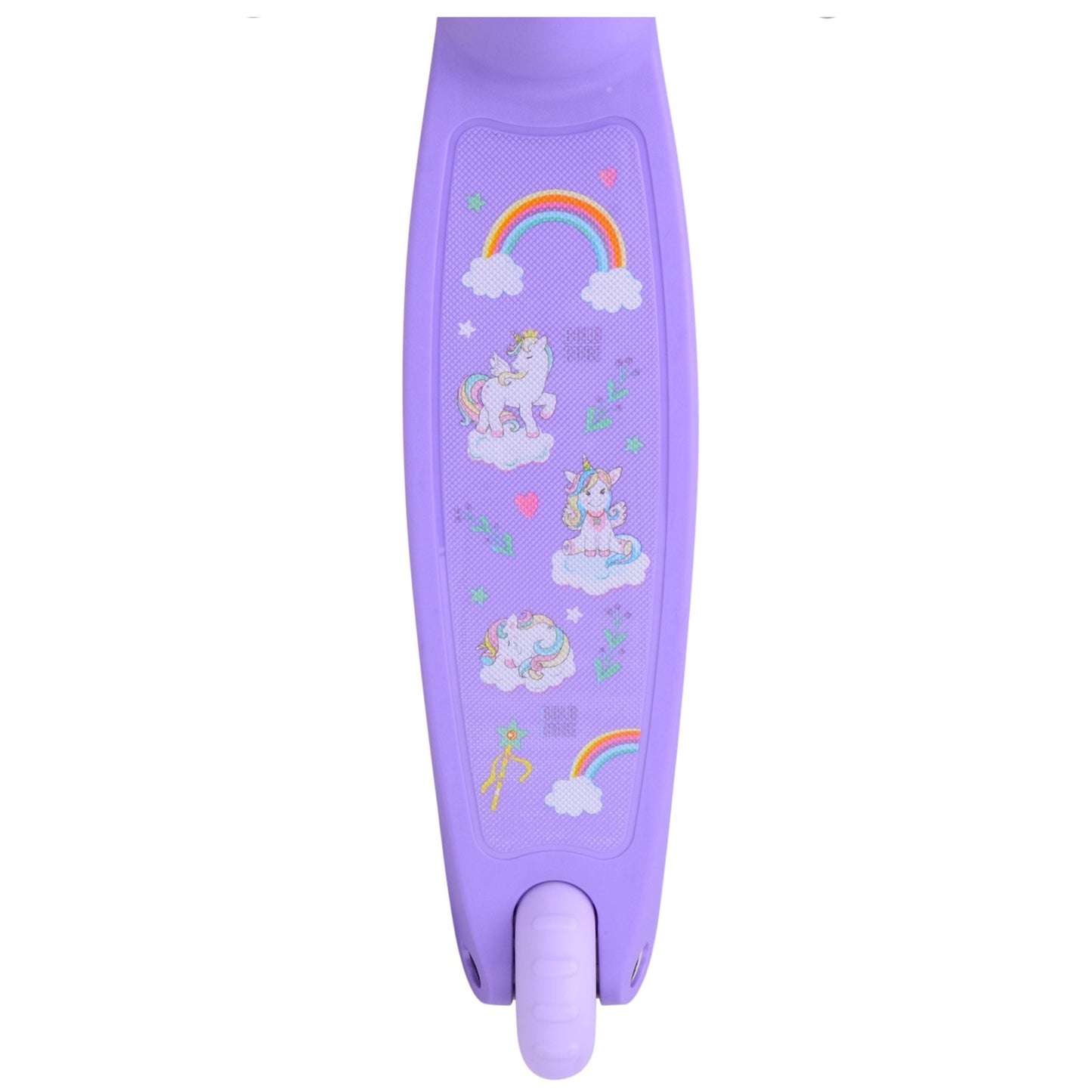 Purple scooter with unicorn and rainbow designs on a white background