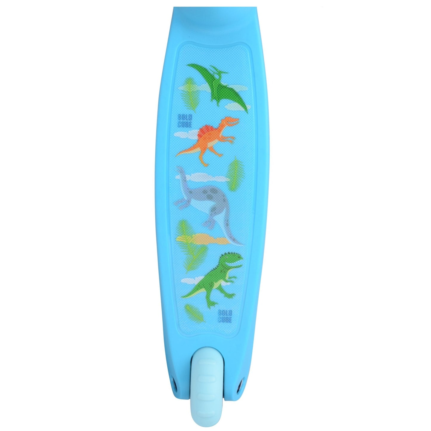 Blue scooter with dinosaur illustrations on a white background