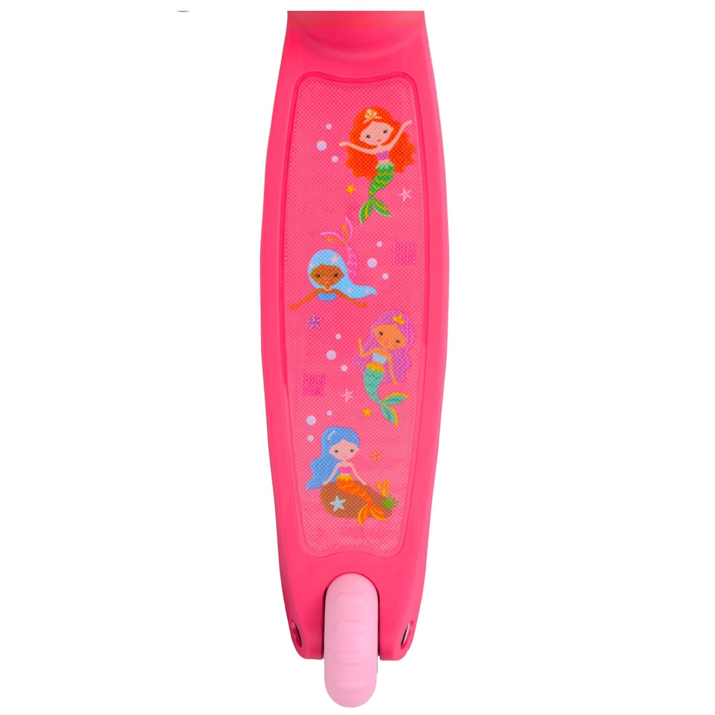 Pink children's scooter with mermaid illustrations on a white background